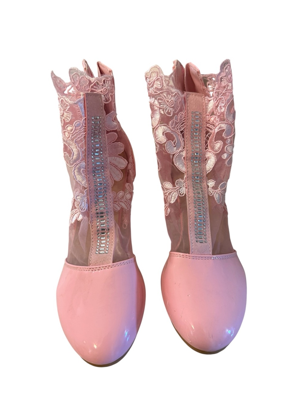 🫶🏻 Women's Pink Lace & Patent Block Heel Ankle Boots - Picture 5 of 5